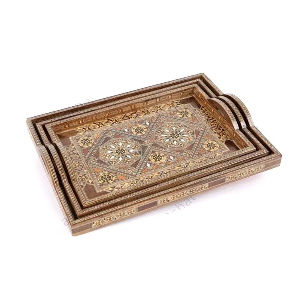 صواني خشب موزاييك مستطيلة ثلاثة أحجام صناعة يدوية