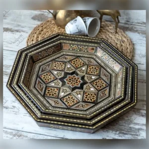 طقم صواني موزاييك فاخر بنقش النجمة — خشب جوز